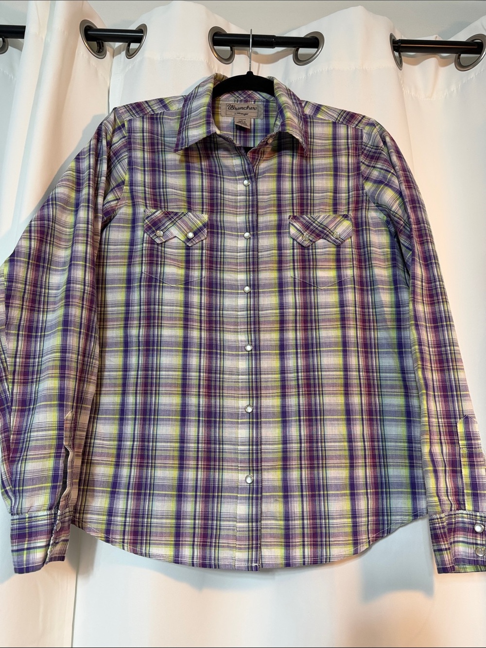 Wrangler Wrancher Men’s Plaid Button-Up Cotton Blend Shirt Purple Green SZ L B9